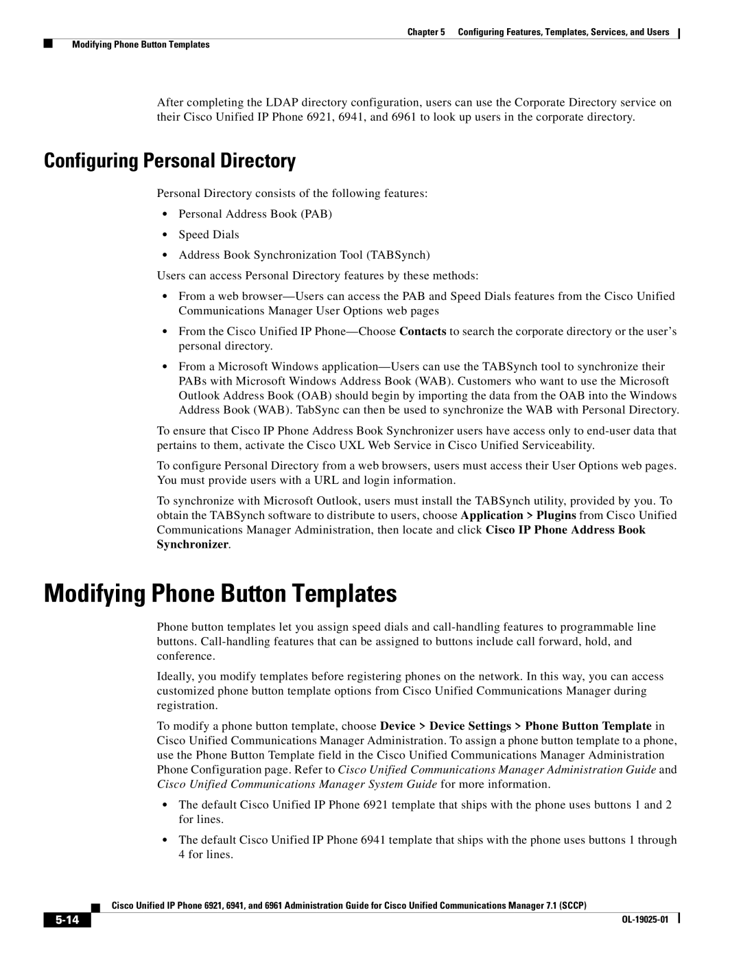 Cisco Systems OL-19025-01 manual Modifying Phone Button Templates, Configuring Personal Directory 