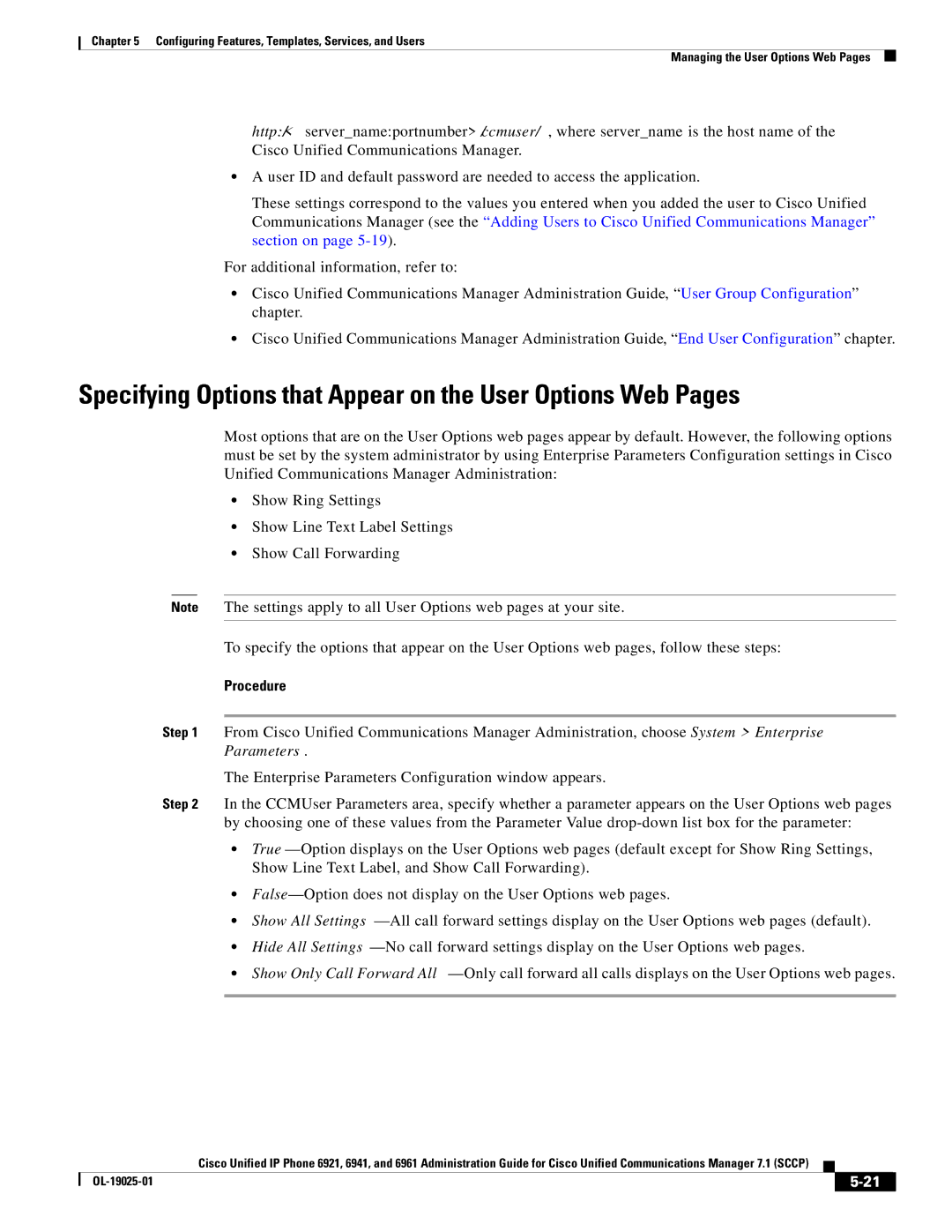 Cisco Systems OL-19025-01 manual Specifying Options that Appear on the User Options Web Pages 
