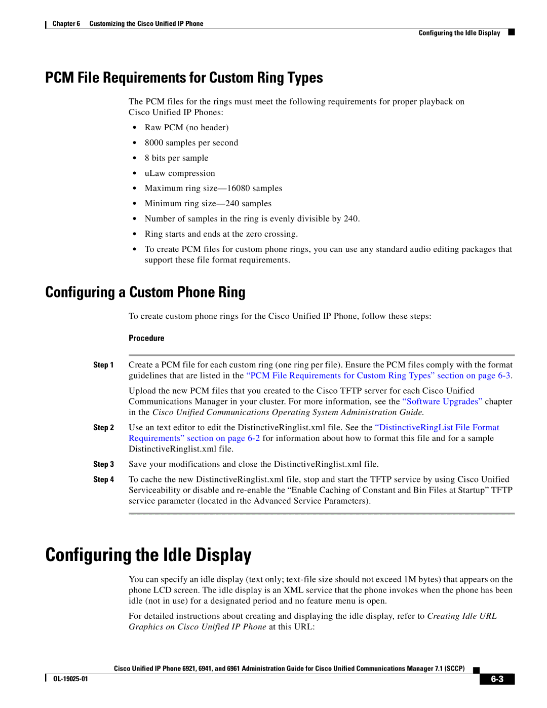 Cisco Systems OL-19025-01 manual Configuring the Idle Display, PCM File Requirements for Custom Ring Types 