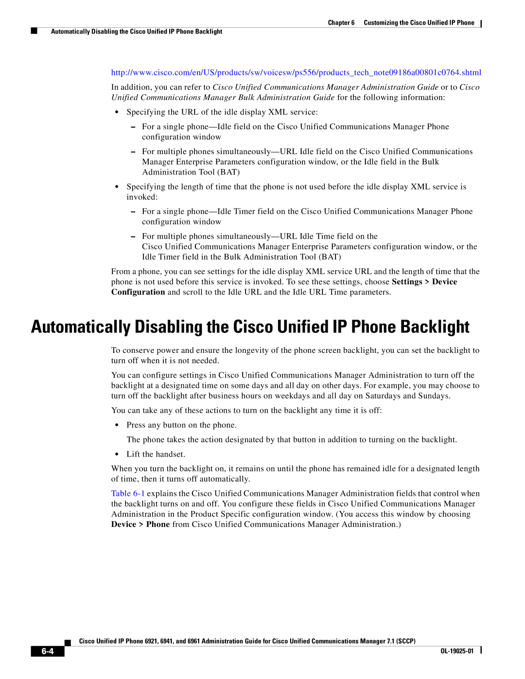 Cisco Systems OL-19025-01 manual Automatically Disabling the Cisco Unified IP Phone Backlight 