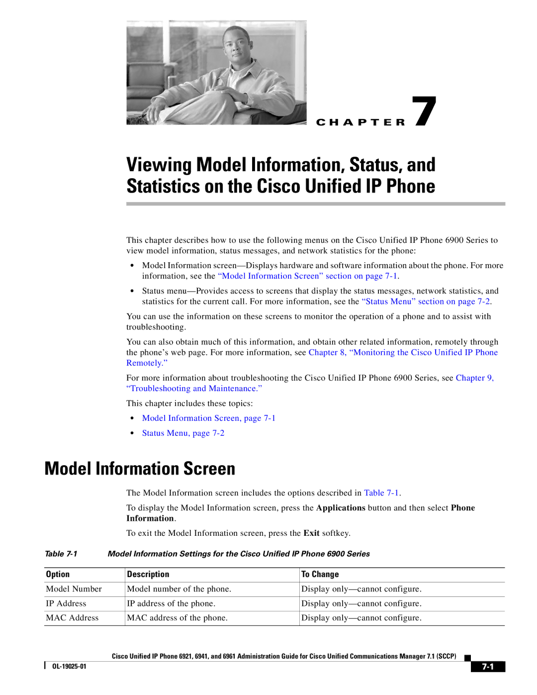 Cisco Systems OL-19025-01 manual Model Information Screen, Status Menu 