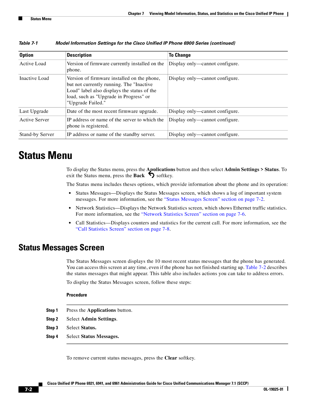 Cisco Systems OL-19025-01 manual Status Menu, Status Messages Screen, Select Status Messages 