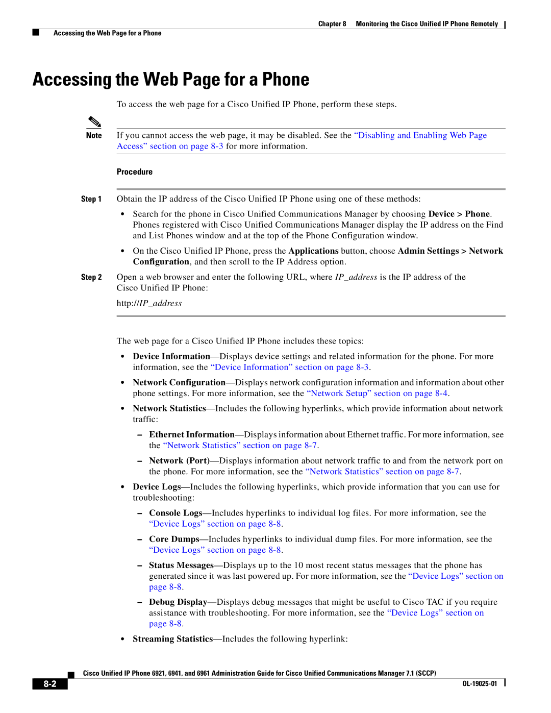 Cisco Systems OL-19025-01 manual Accessing the Web Page for a Phone, Procedure 