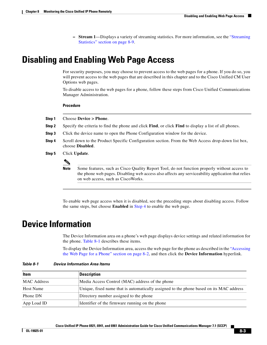 Cisco Systems OL-19025-01 manual Disabling and Enabling Web Page Access, Device Information, Description 