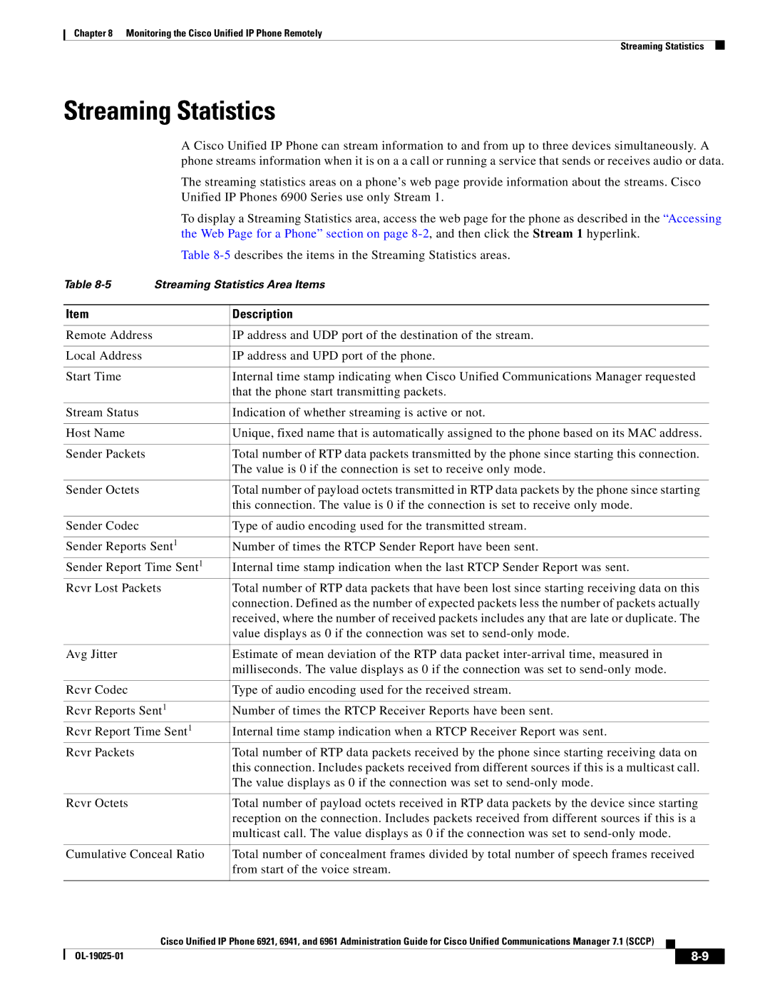 Cisco Systems OL-19025-01 manual Streaming Statistics 