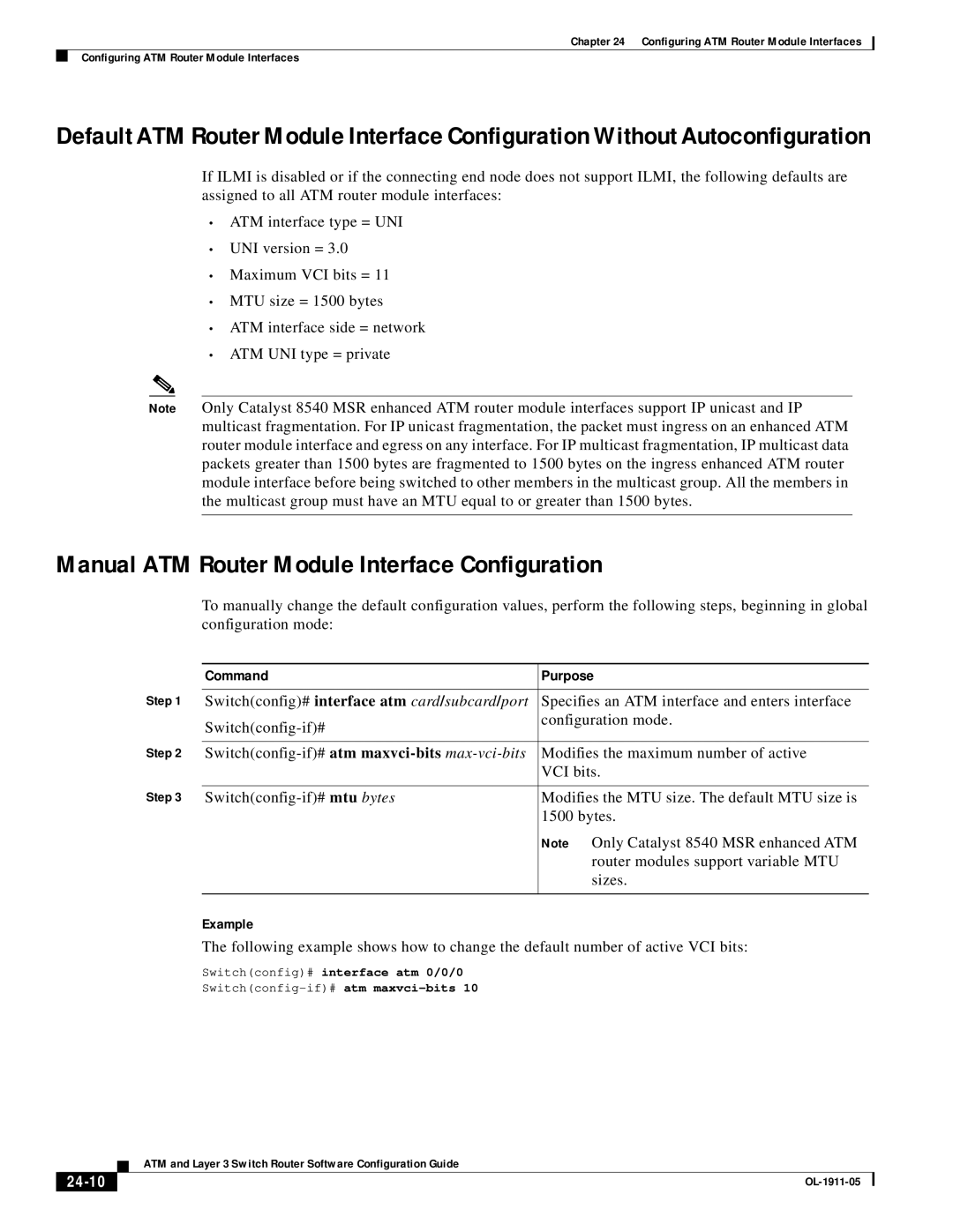 Cisco Systems OL-1911-05 manual Manual ATM Router Module Interface Configuration, Command Purpose, Example, 24-10 