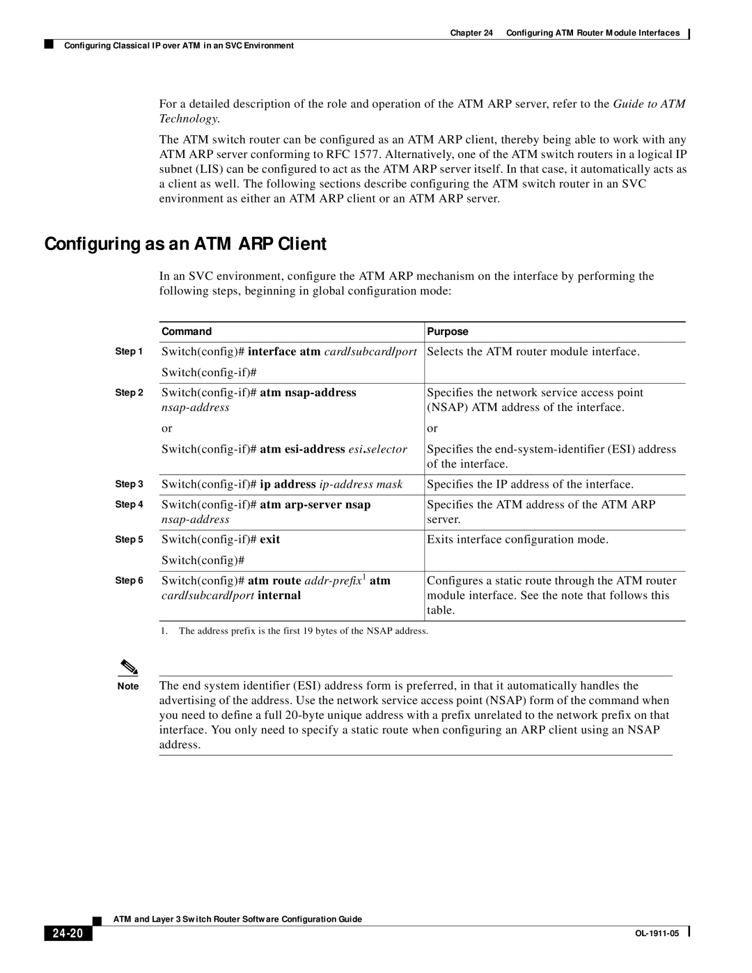 Cisco Systems OL-1911-05 manual Configuring as an ATM ARP Client, Nsap-address, Card /subcard /port internal, 24-20 