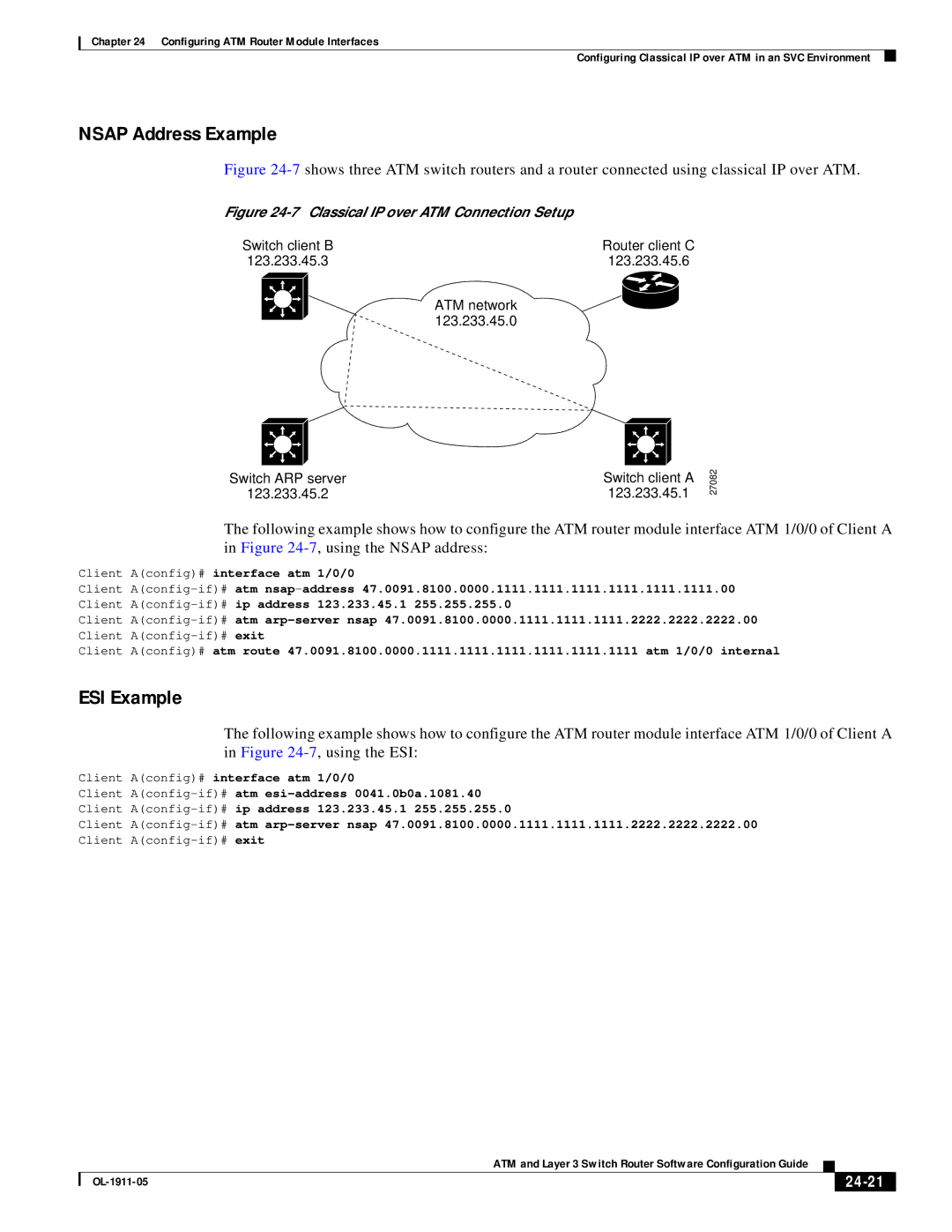 Cisco Systems OL-1911-05 manual Nsap Address Example, ESI Example, 24-21, Client Aconfig# interface atm 1/0/0 