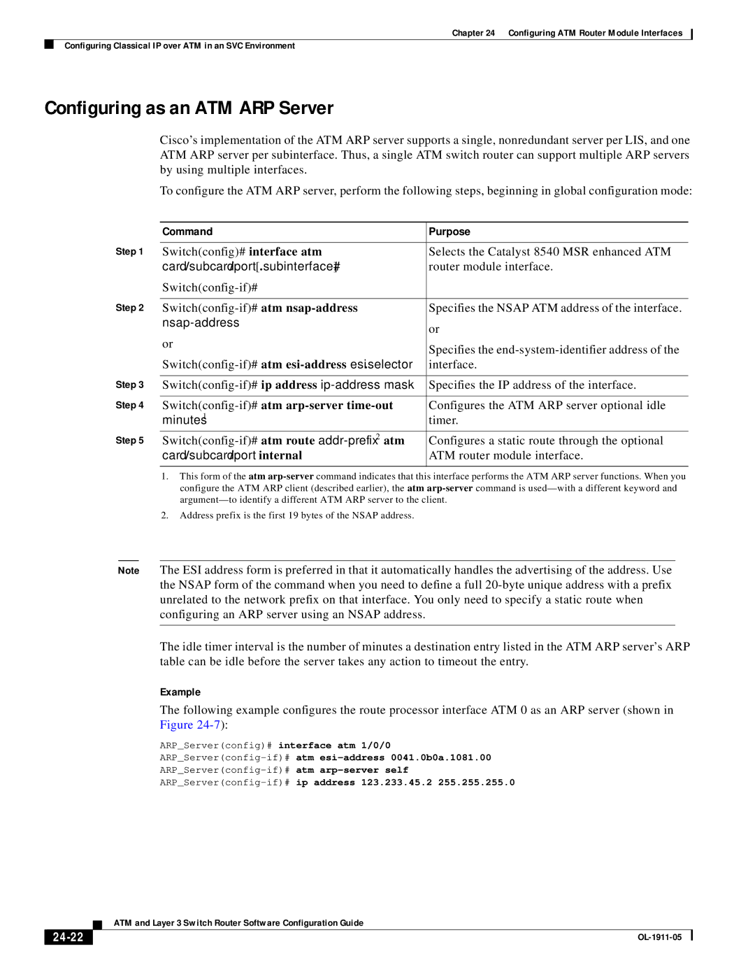 Cisco Systems OL-1911-05 manual Configuring as an ATM ARP Server, Switchconfig-if# atm arp-server time-out, Minutes, 24-22 