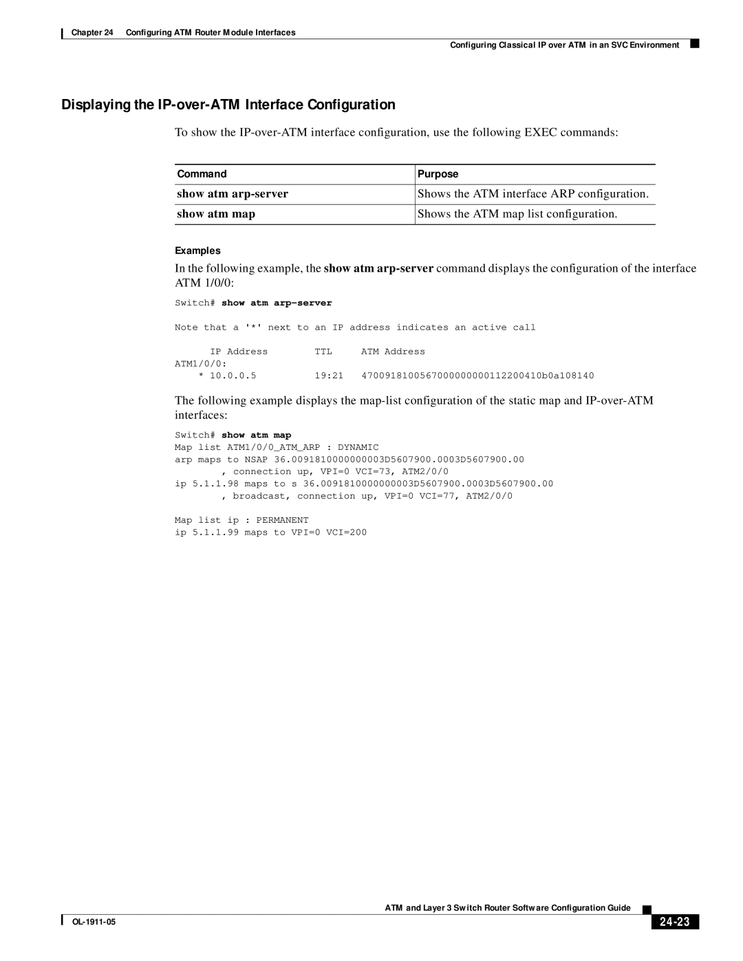 Cisco Systems OL-1911-05 Displaying the IP-over-ATM Interface Configuration, Examples, 24-23, Switch# show atm arp-server 