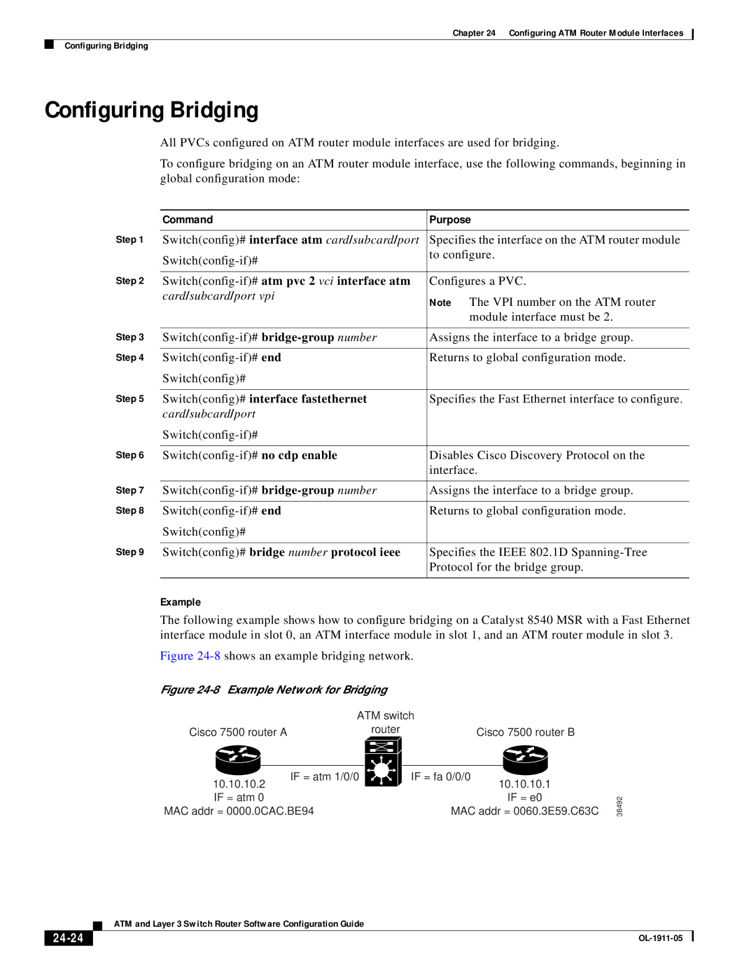 Cisco Systems OL-1911-05 manual Configuring Bridging, Switchconfig# interface fastethernet, 24-24 