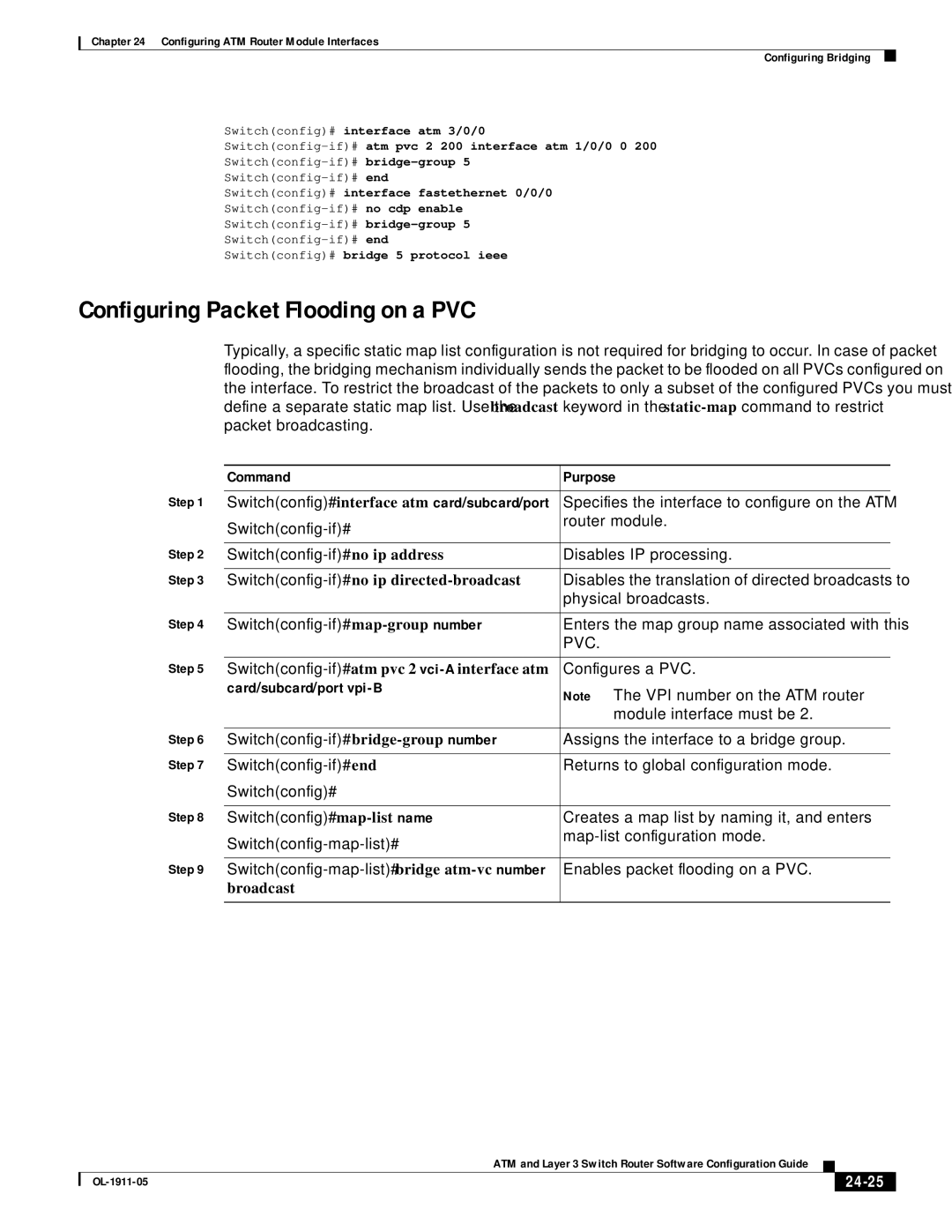 Cisco Systems OL-1911-05 Configuring Packet Flooding on a PVC, Switchconfig-if# no ip directed-broadcast, Broadcast, 24-25 