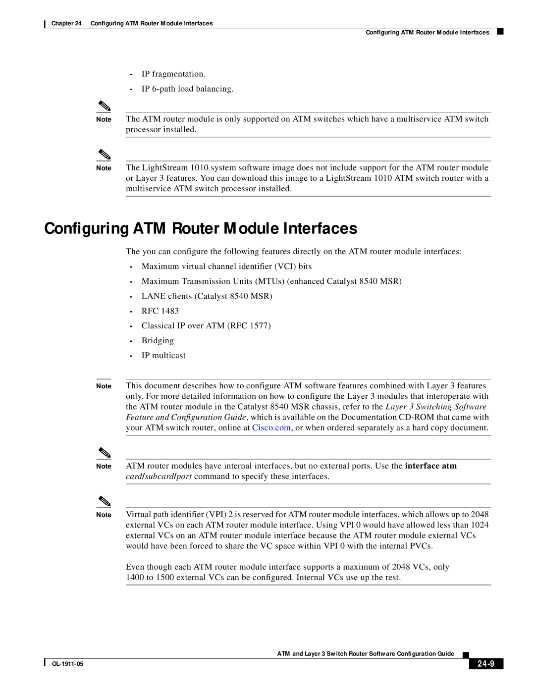 Cisco Systems OL-1911-05 manual Configuring ATM Router Module Interfaces, 24-9 