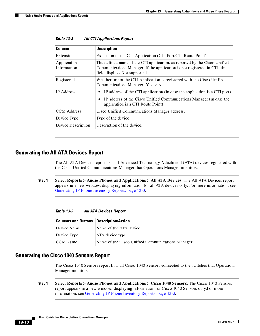 Cisco Systems OL-19470-01 manual Generating the All ATA Devices Report, Generating the Cisco 1040 Sensors Report, 13-10 