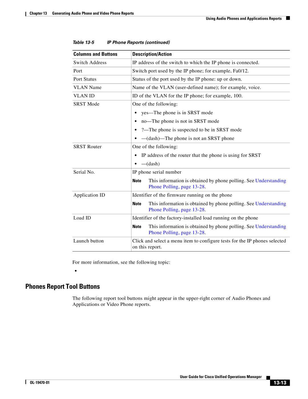 Cisco Systems OL-19470-01 manual Phones Report Tool Buttons, Phone Polling, 13-13 