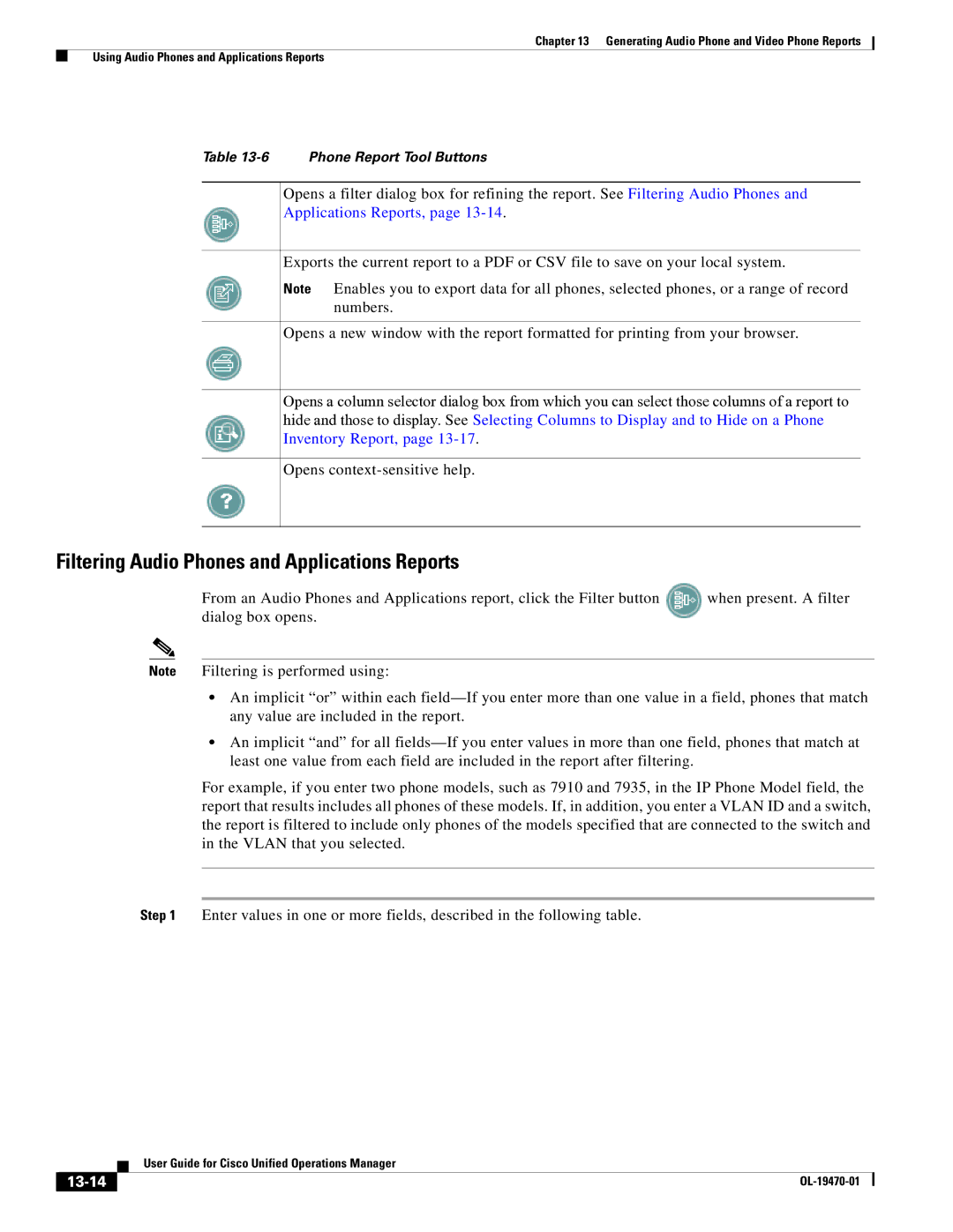 Cisco Systems OL-19470-01 manual Filtering Audio Phones and Applications Reports, Inventory Report, 13-14 