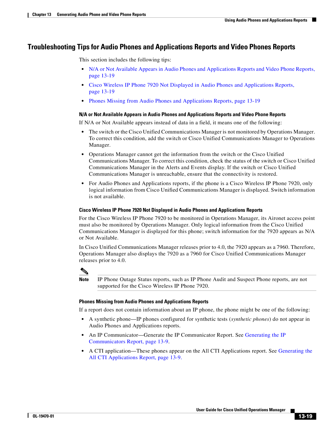 Cisco Systems OL-19470-01 manual Phones Missing from Audio Phones and Applications Reports, 13-19 