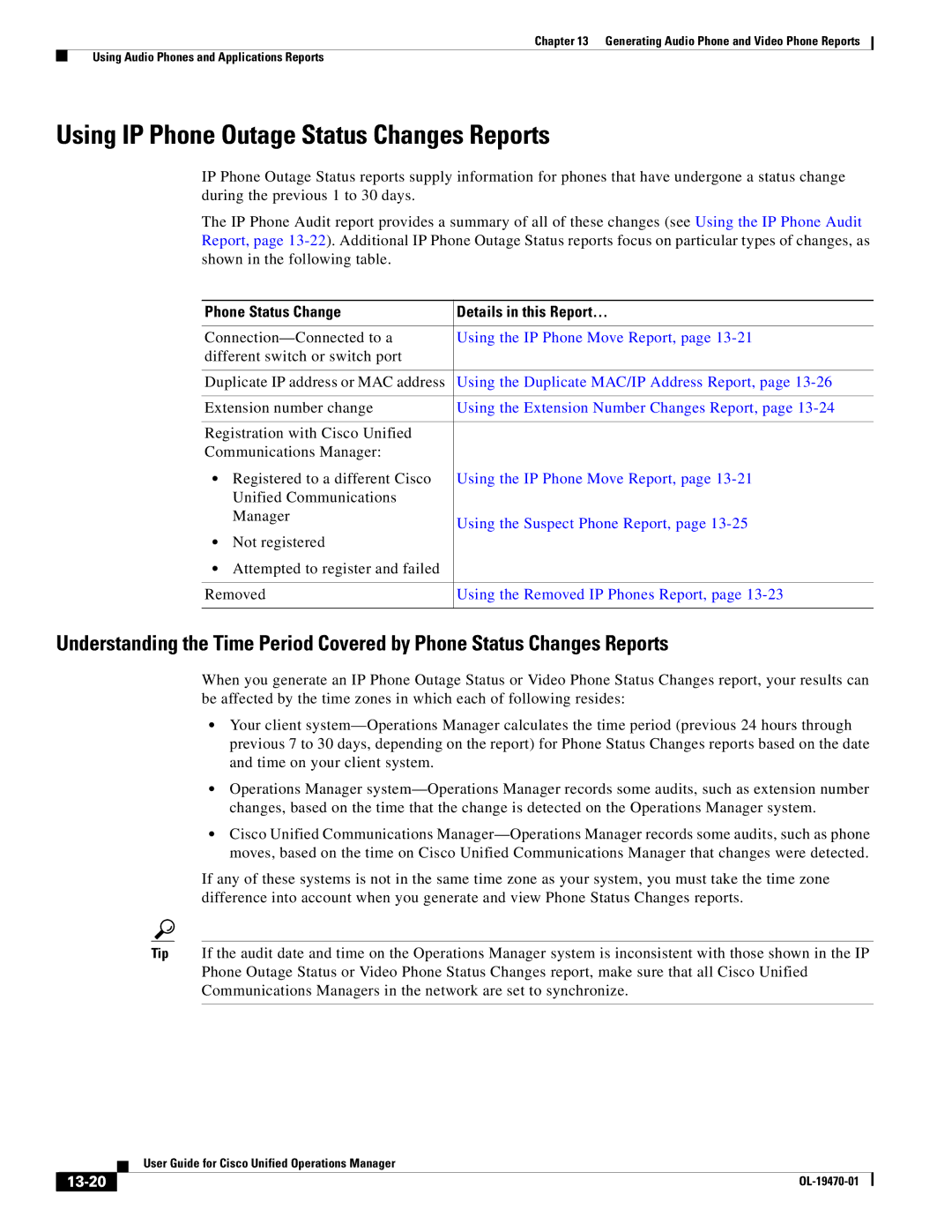 Cisco Systems OL-19470-01 Using IP Phone Outage Status Changes Reports, Phone Status Change Details in this Report…, 13-20 