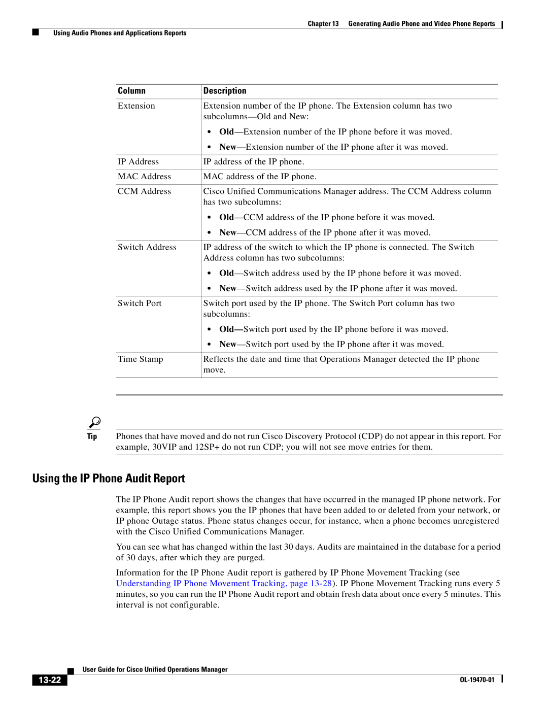 Cisco Systems OL-19470-01 manual Using the IP Phone Audit Report, 13-22 