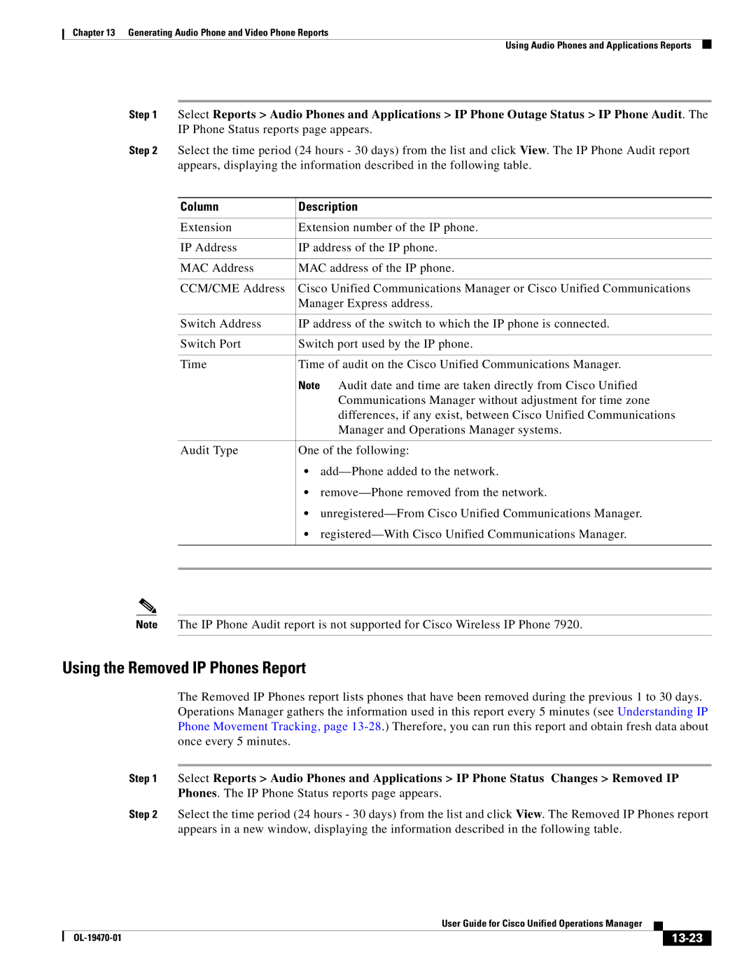 Cisco Systems OL-19470-01 manual Using the Removed IP Phones Report, 13-23 