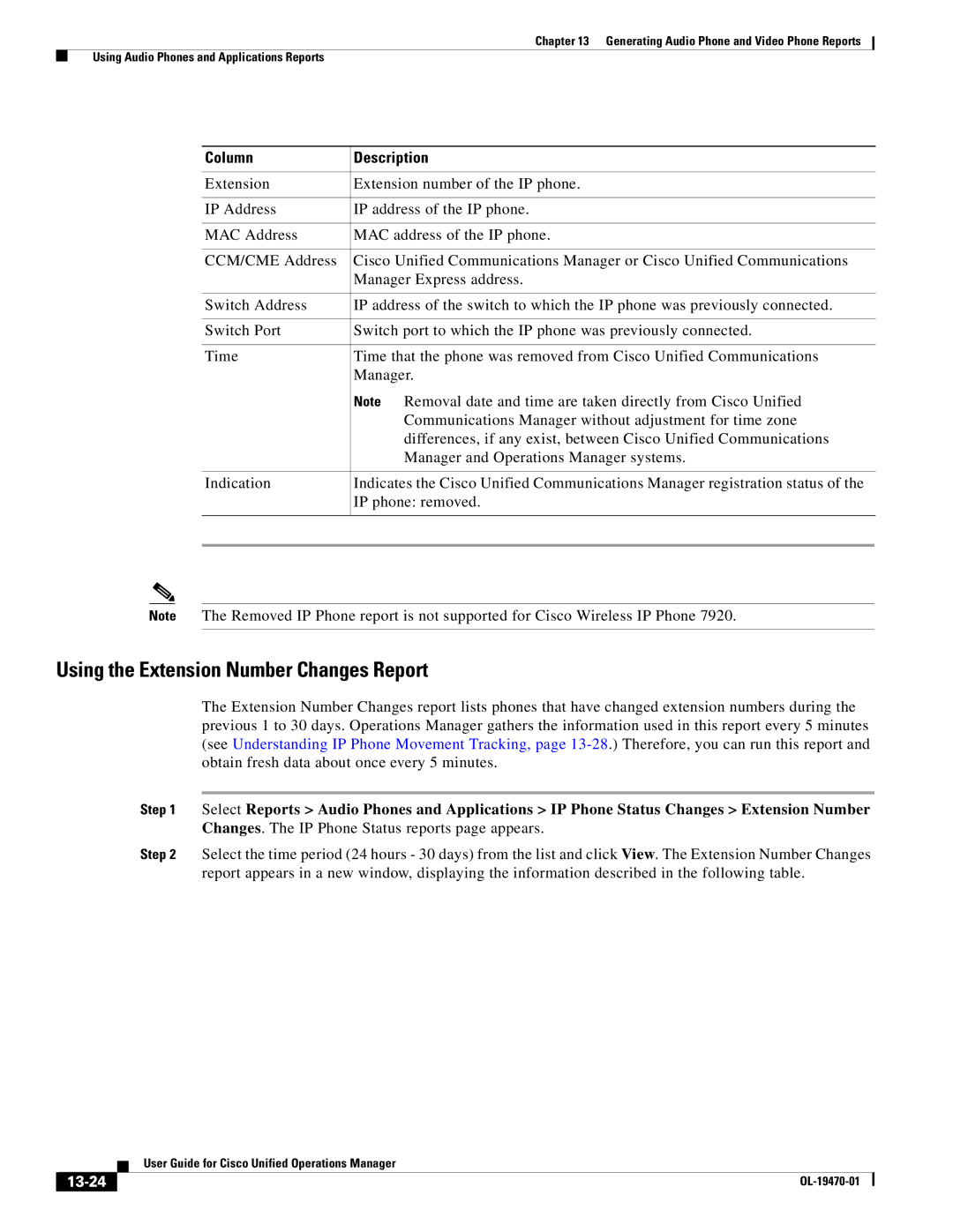 Cisco Systems OL-19470-01 manual Using the Extension Number Changes Report, 13-24 