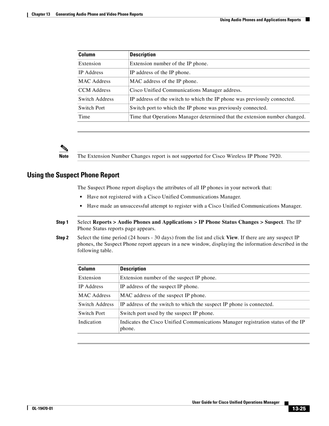 Cisco Systems OL-19470-01 manual Using the Suspect Phone Report, 13-25 