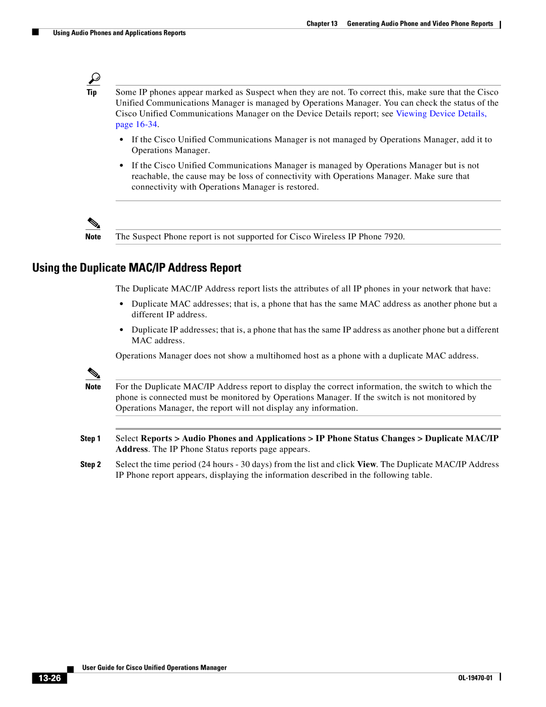 Cisco Systems OL-19470-01 manual Using the Duplicate MAC/IP Address Report, 13-26 