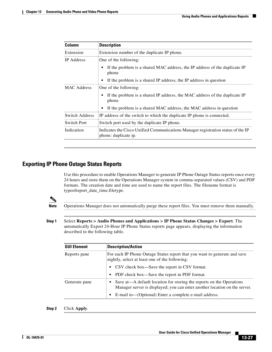 Cisco Systems OL-19470-01 manual Exporting IP Phone Outage Status Reports, 13-27 