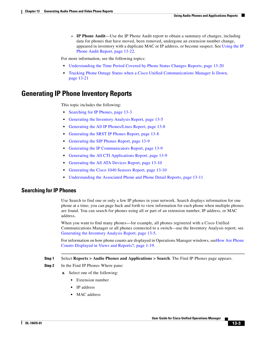 Cisco Systems OL-19470-01 manual Generating IP Phone Inventory Reports, Searching for IP Phones, 13-3 