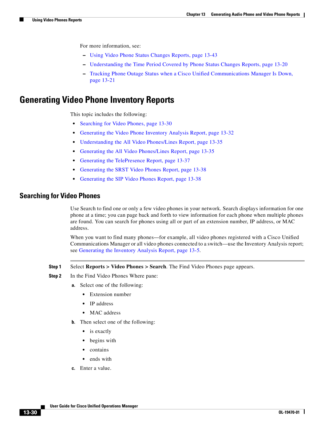 Cisco Systems OL-19470-01 manual Generating Video Phone Inventory Reports, Searching for Video Phones, 13-30 