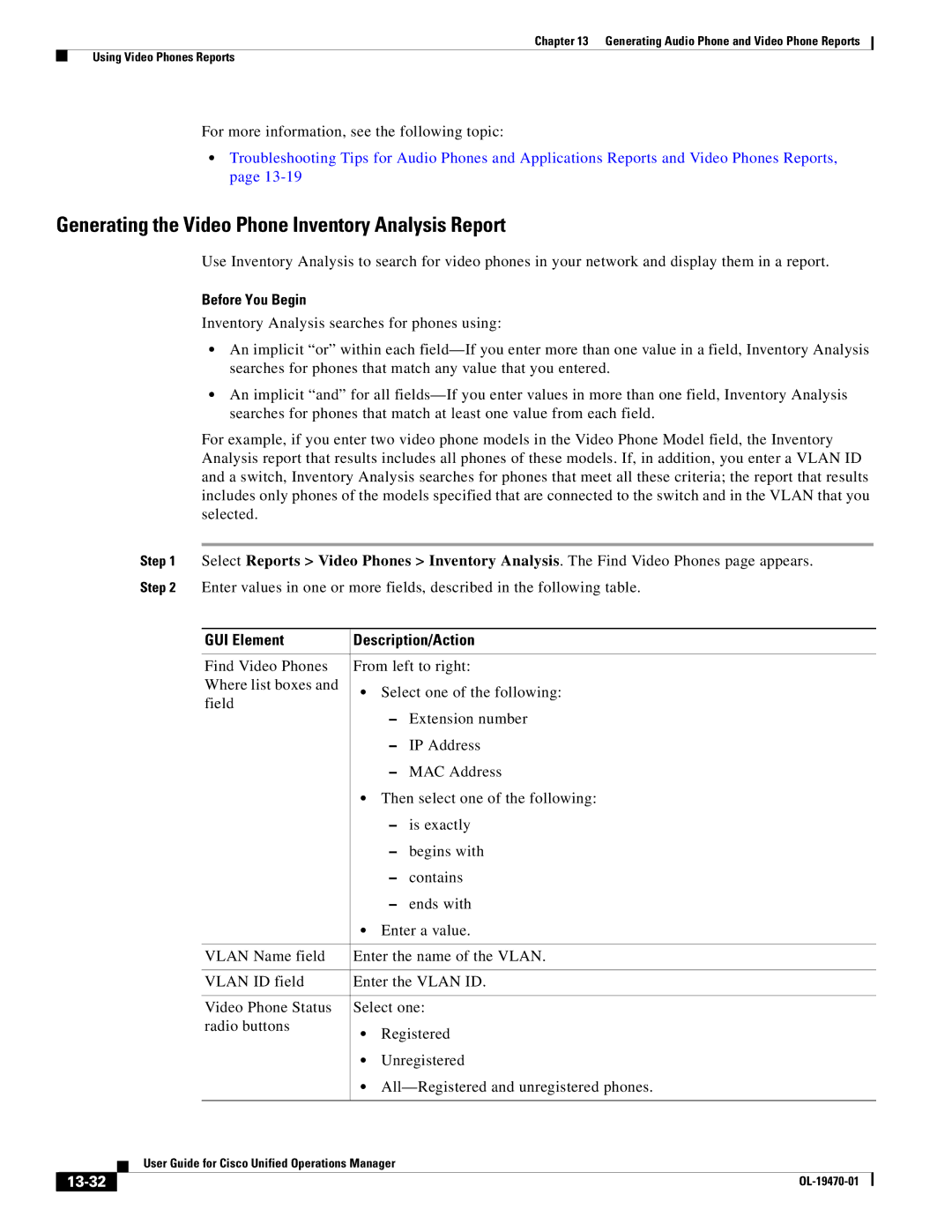 Cisco Systems OL-19470-01 manual Generating the Video Phone Inventory Analysis Report, 13-32 