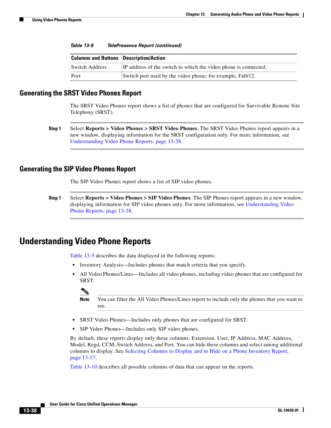 Cisco Systems OL-19470-01 manual Understanding Video Phone Reports, Generating the Srst Video Phones Report, 13-38 