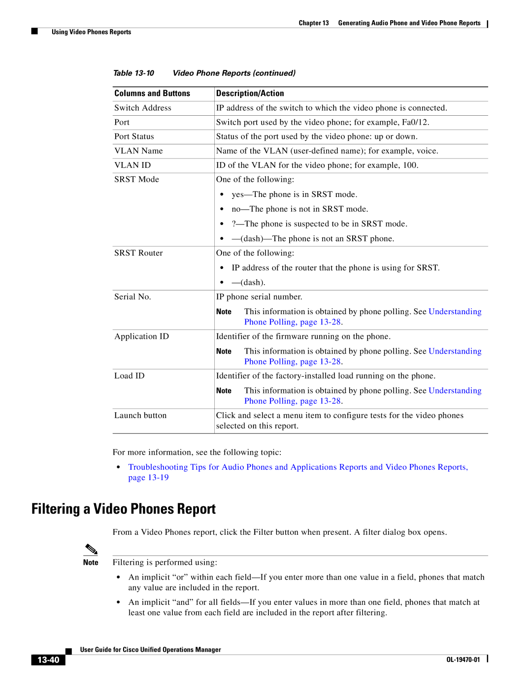 Cisco Systems OL-19470-01 manual Filtering a Video Phones Report, 13-40 