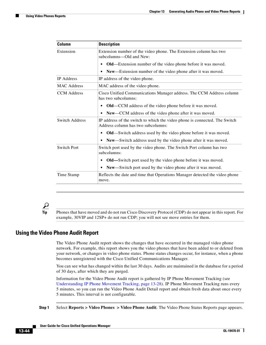 Cisco Systems OL-19470-01 manual Using the Video Phone Audit Report, 13-44 