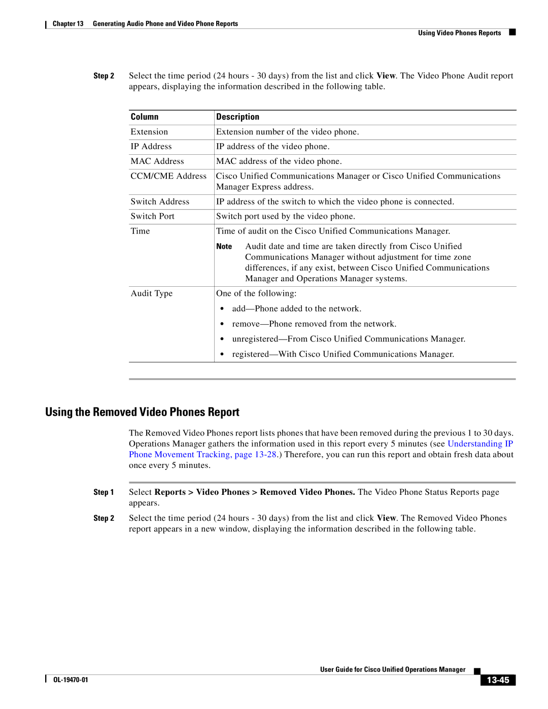 Cisco Systems OL-19470-01 manual Using the Removed Video Phones Report, 13-45 