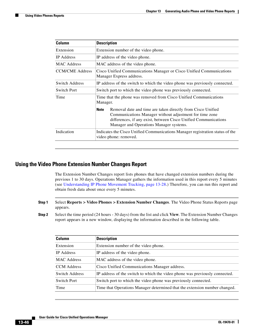 Cisco Systems OL-19470-01 manual Using the Video Phone Extension Number Changes Report, 13-46 