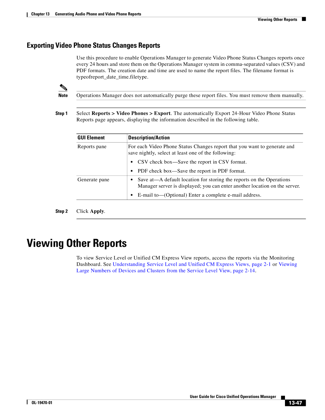 Cisco Systems OL-19470-01 manual Exporting Video Phone Status Changes Reports, 13-47 