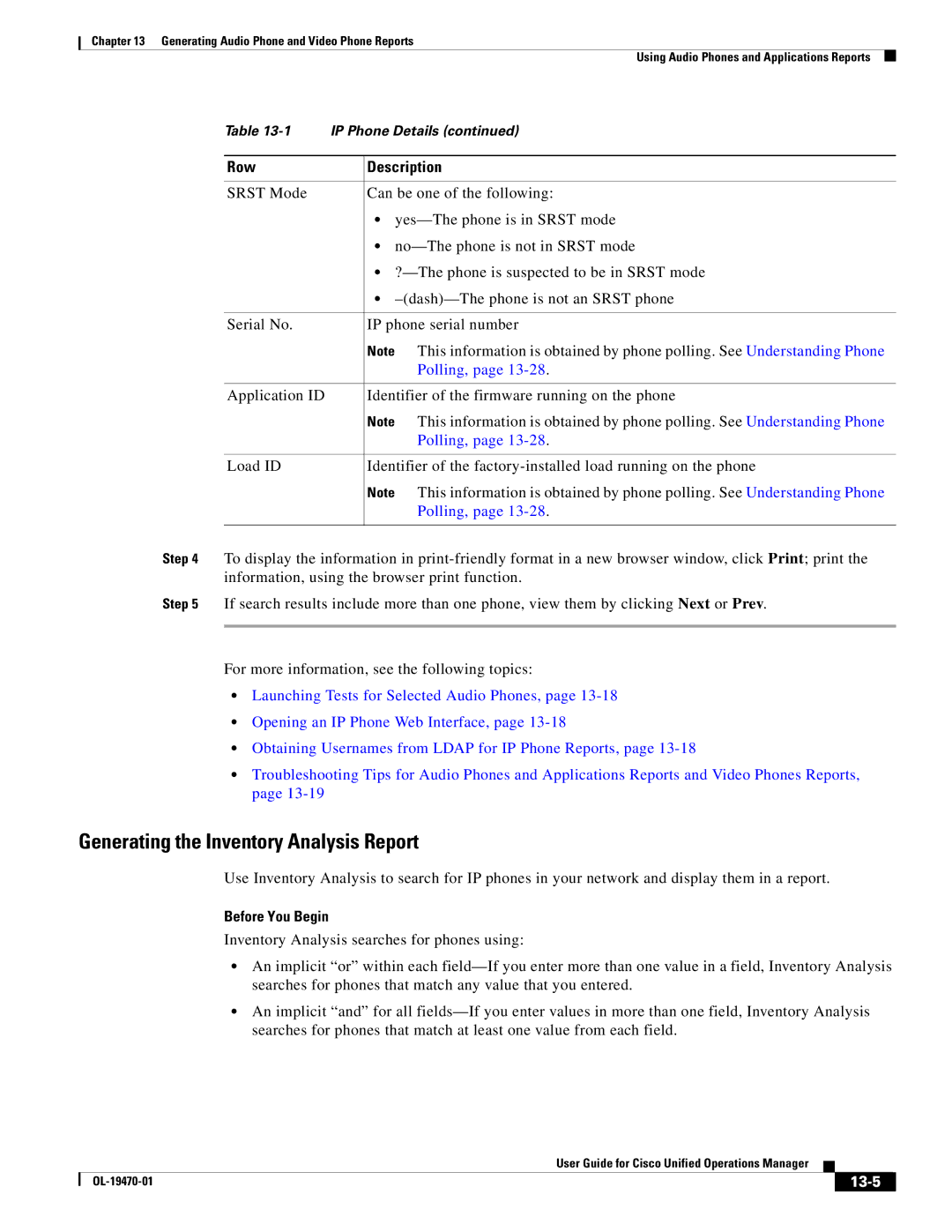 Cisco Systems OL-19470-01 manual Generating the Inventory Analysis Report, Polling, Before You Begin, 13-5 