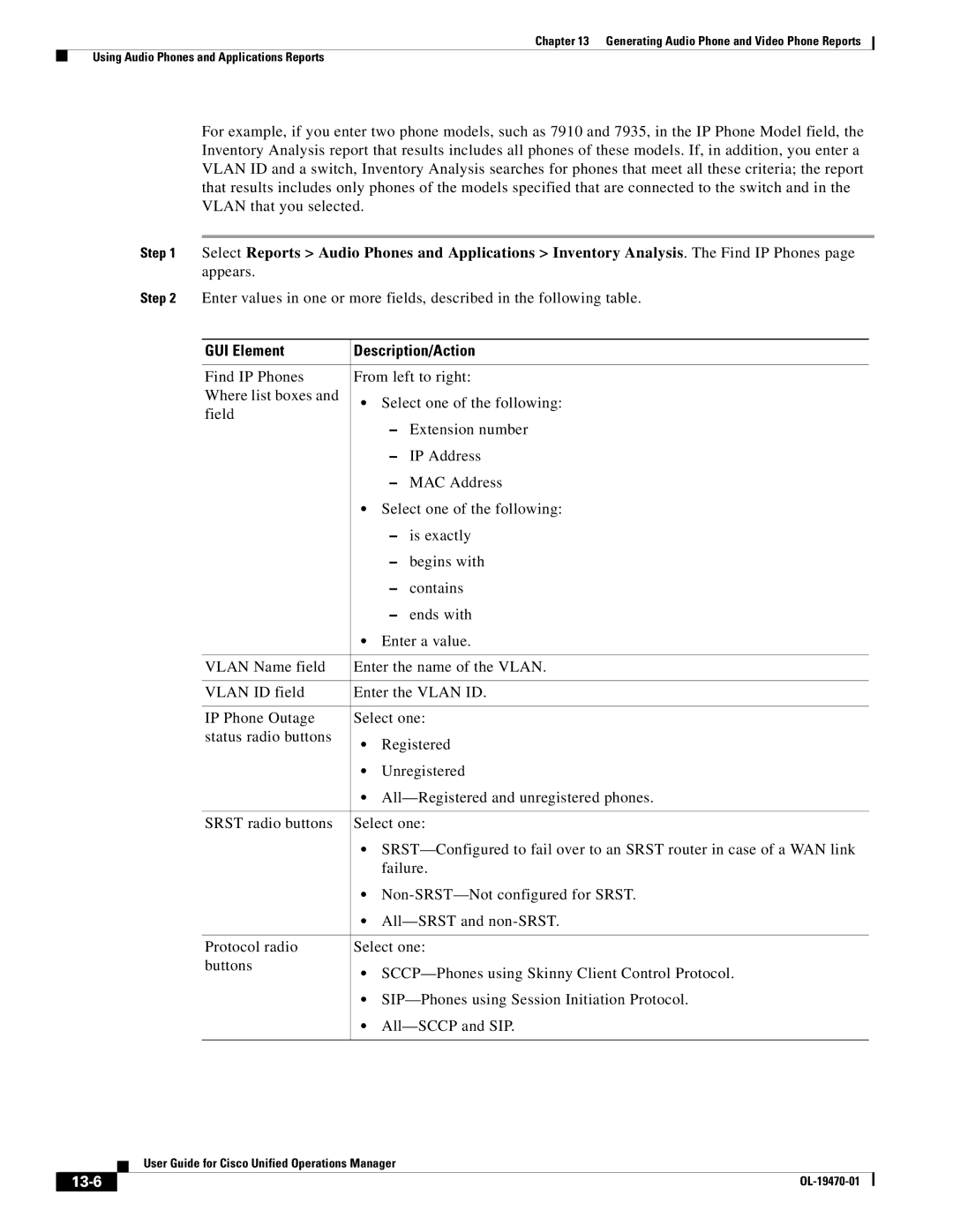 Cisco Systems OL-19470-01 manual GUI Element Description/Action, 13-6 