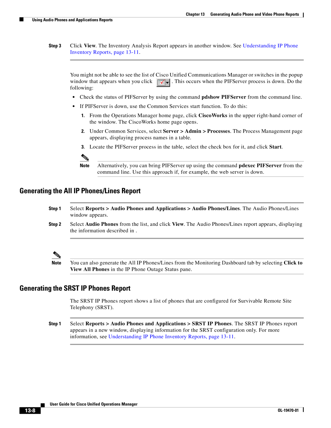 Cisco Systems OL-19470-01 manual Generating the All IP Phones/Lines Report, Generating the Srst IP Phones Report, 13-8 