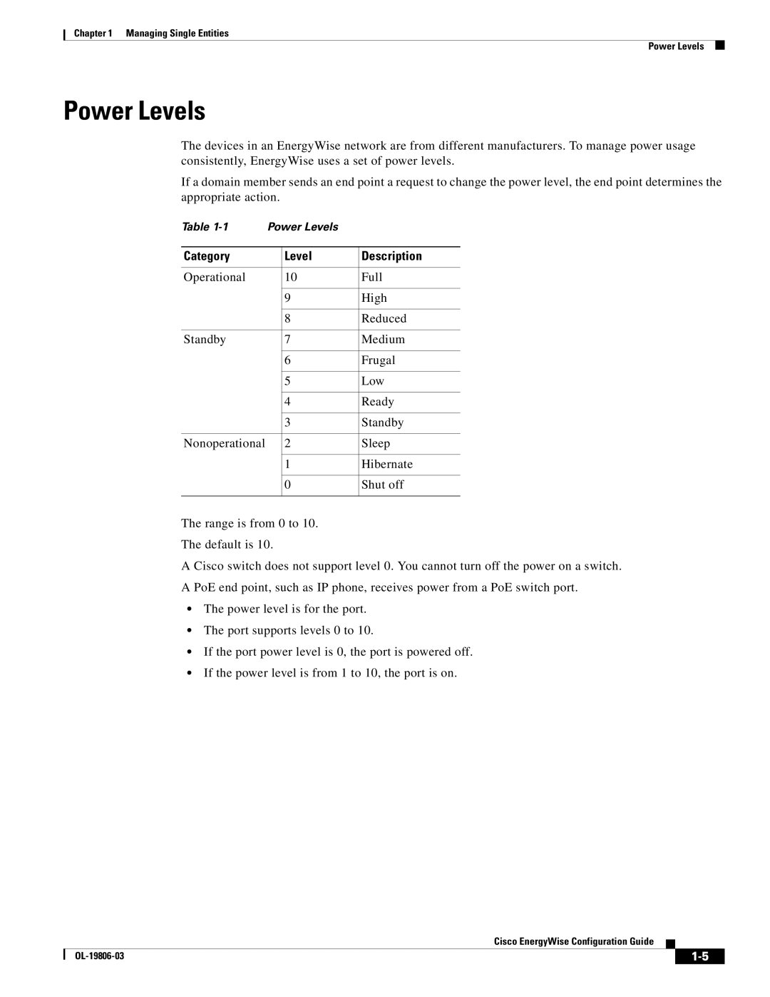 Cisco Systems OL-19806-03 manual Power Levels, Category Level Description 