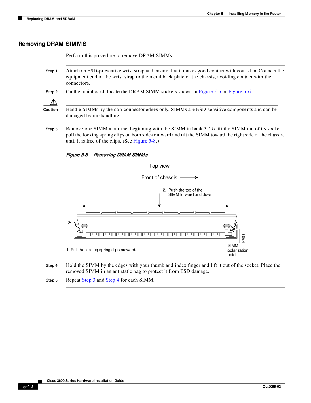 Cisco Systems OL-2056-02 manual Removing Dram Simms, Top view Front of chassis 