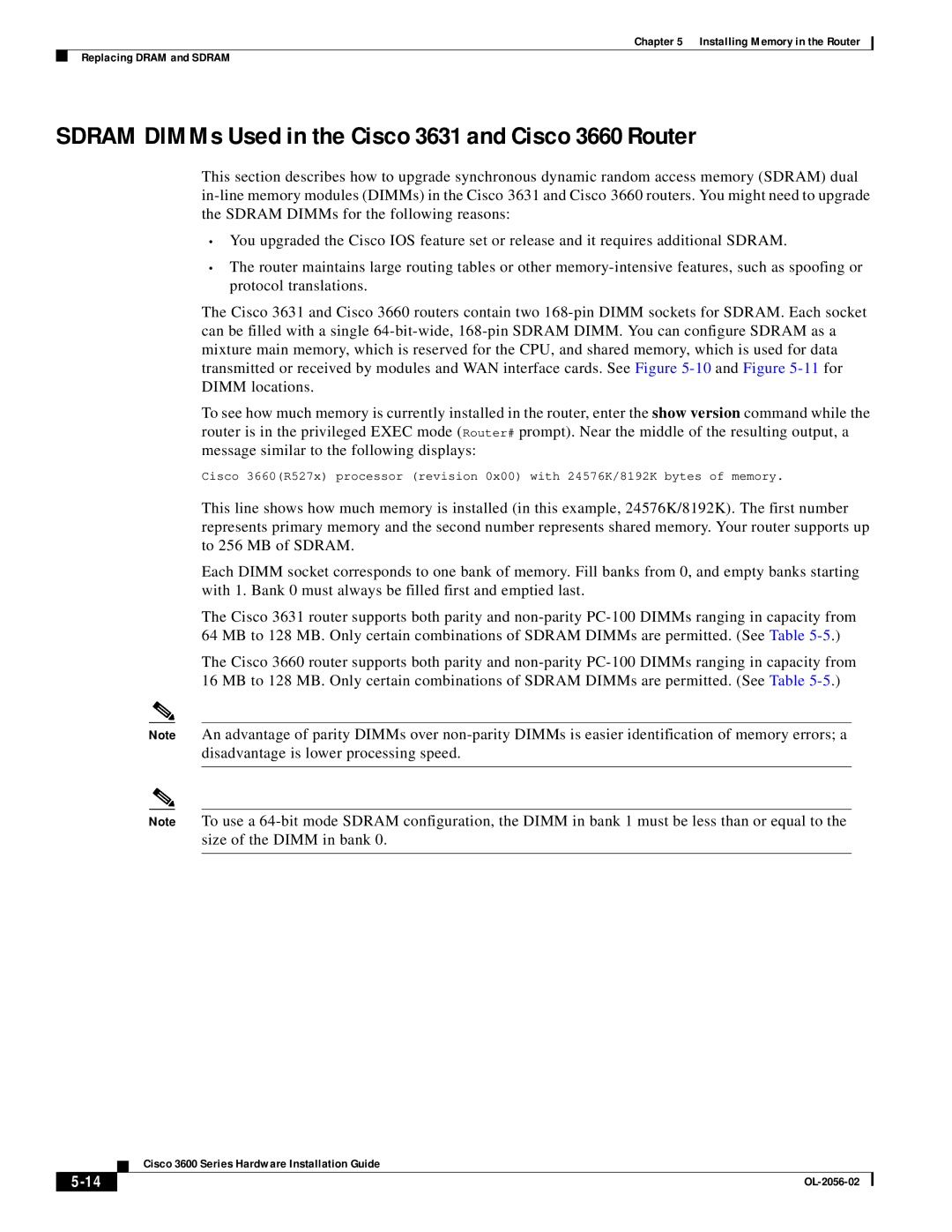 Cisco Systems OL-2056-02 manual Sdram DIMMs Used in the Cisco 3631 and Cisco 3660 Router 