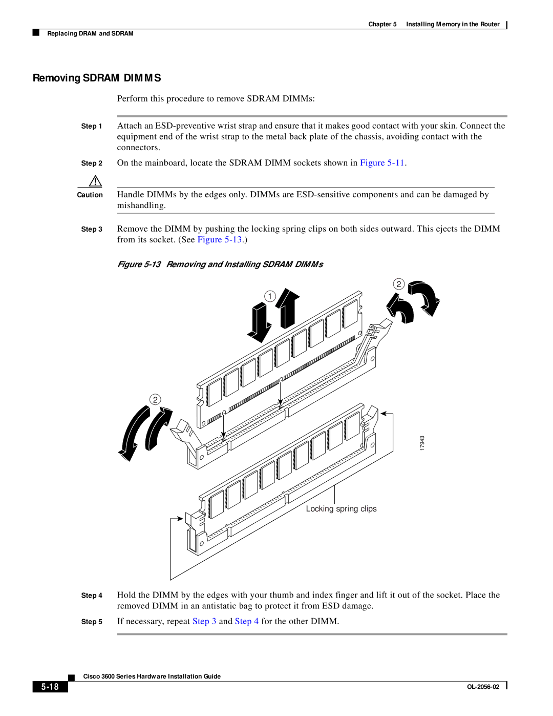 Cisco Systems OL-2056-02 manual Removing Sdram Dimms, Removing and Installing Sdram DIMMs 