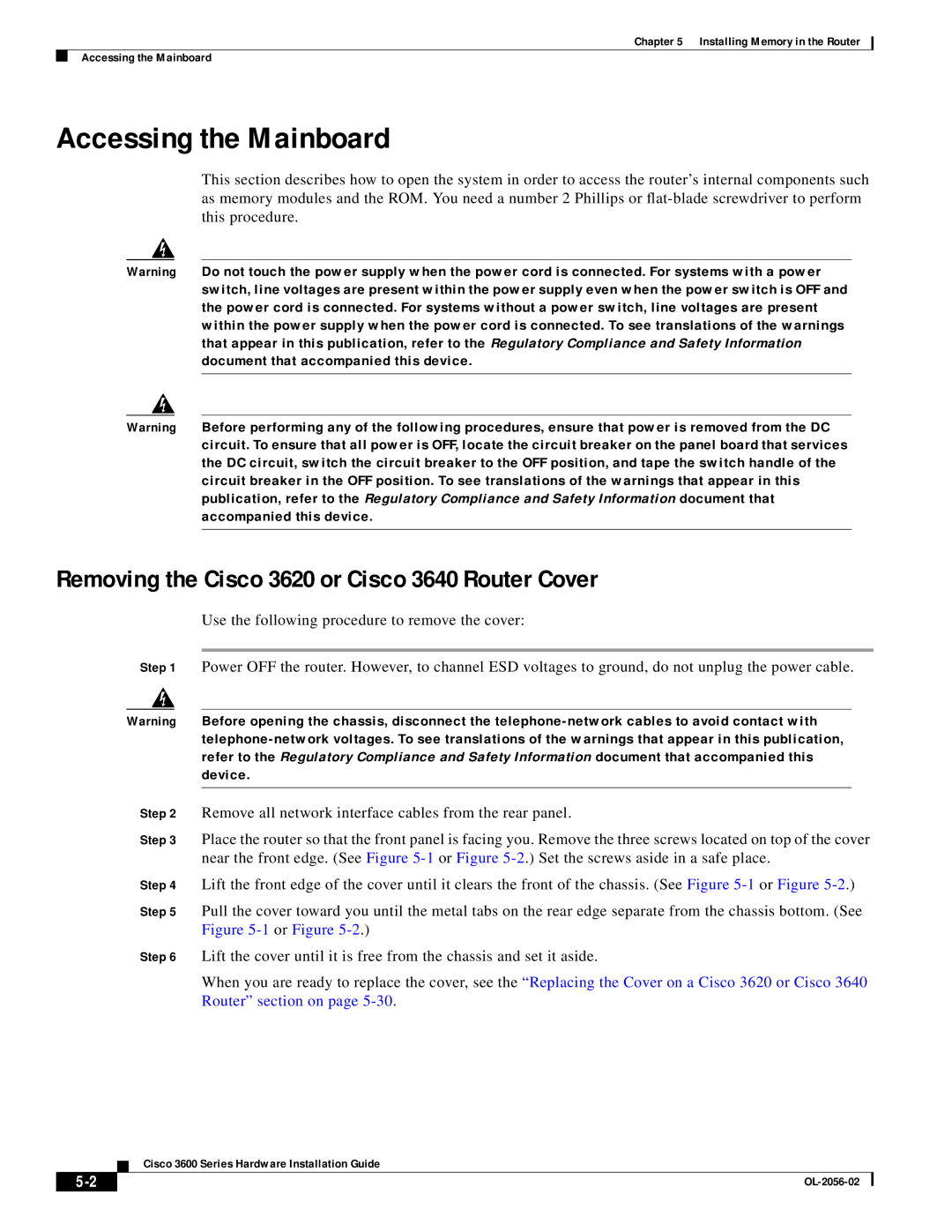 Cisco Systems OL-2056-02 manual Accessing the Mainboard, Removing the Cisco 3620 or Cisco 3640 Router Cover 