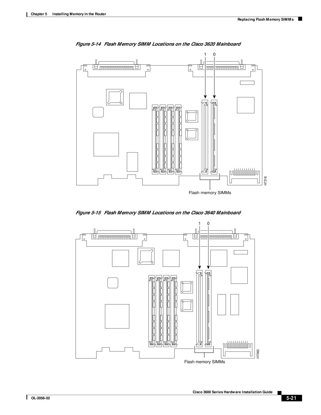 Cisco Systems OL-2056-02 manual Flash Memory Simm Locations on the Cisco 3620 Mainboard 