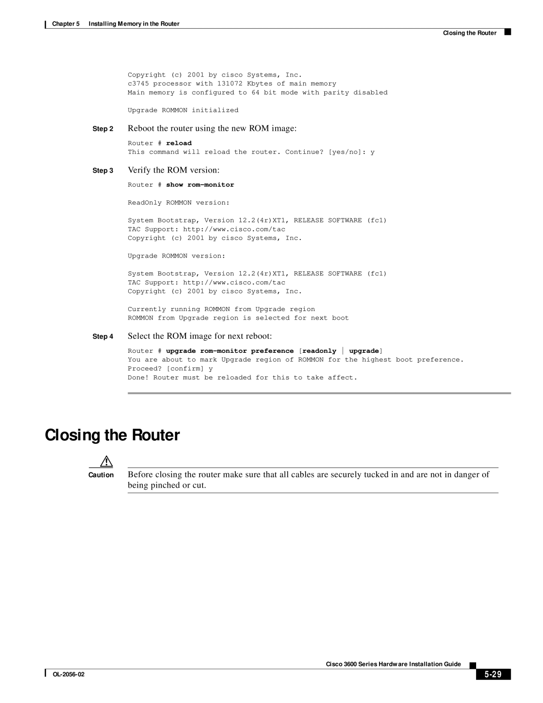 Cisco Systems OL-2056-02 Reboot the router using the new ROM image, Verify the ROM version, Router # show rom-monitor 