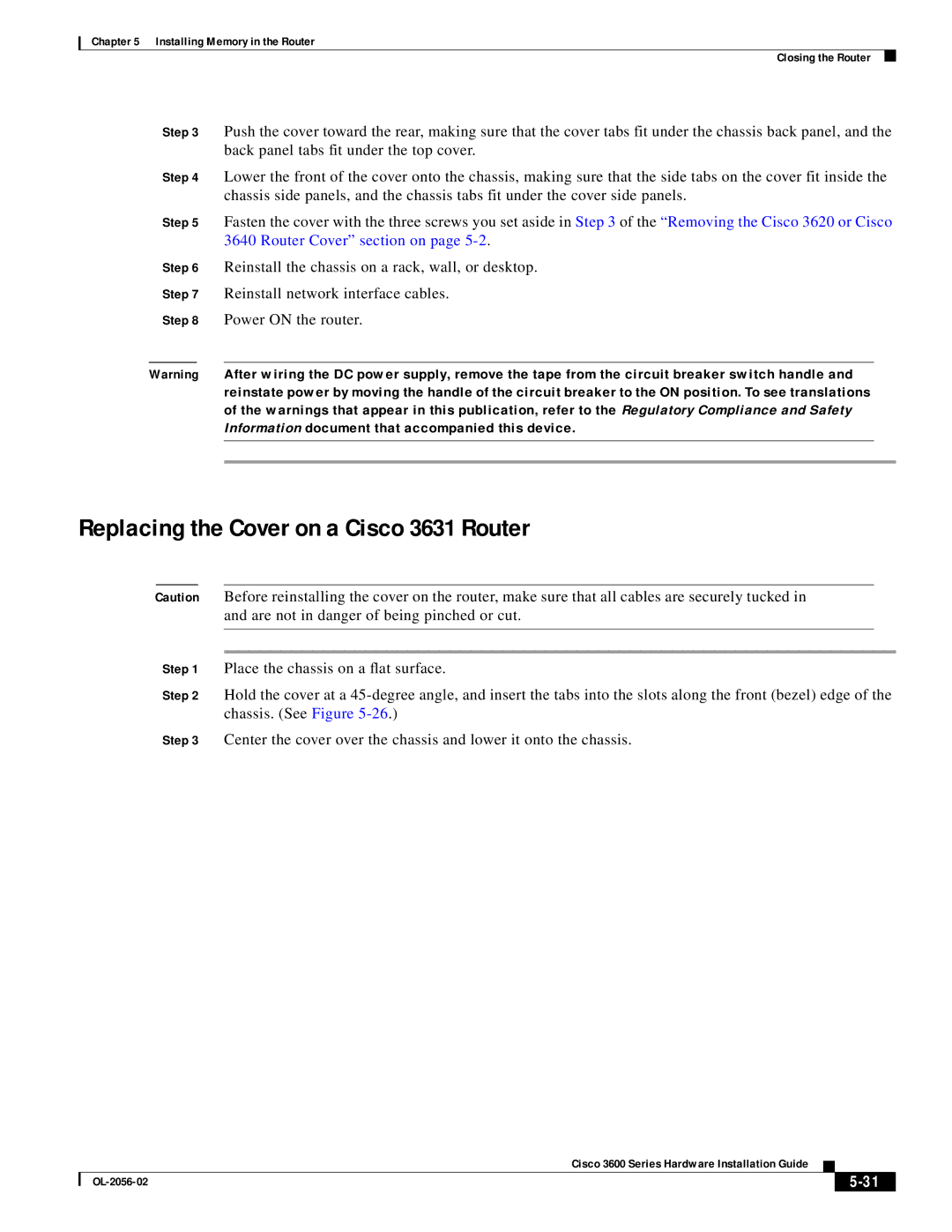 Cisco Systems OL-2056-02 manual Replacing the Cover on a Cisco 3631 Router 