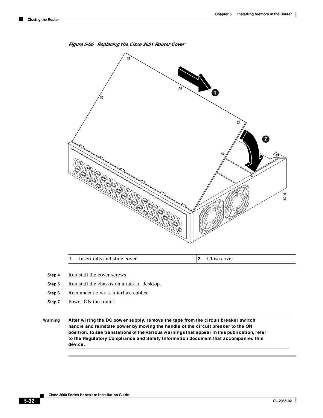 Cisco Systems OL-2056-02 manual Insert tabs and slide cover Close cover, Replacing the Cisco 3631 Router Cover 