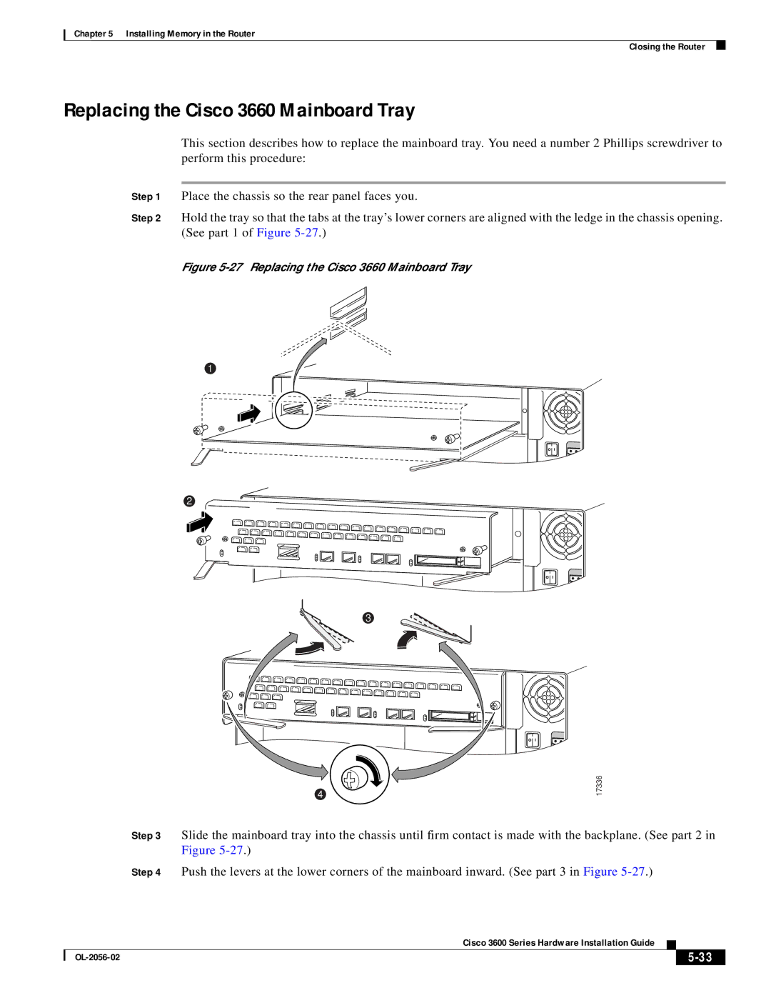 Cisco Systems OL-2056-02 manual Replacing the Cisco 3660 Mainboard Tray 